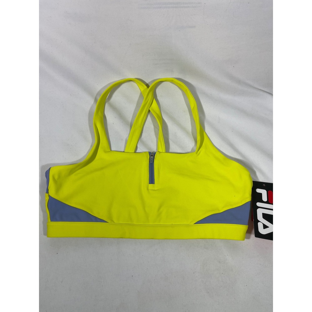 Fila Vision Bra Top Women L Neon Yellow Gray Zip Front Racerback Activewear